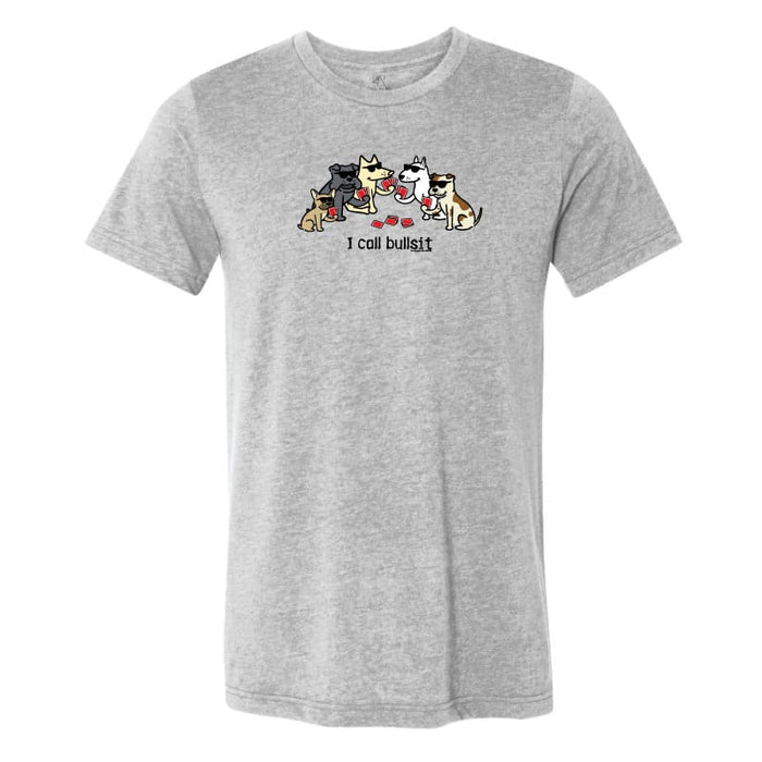 A heather gray short-sleeve t-shirt with a cartoon graphic of several dogs sitting together and the text 'I call bullshit' printed below them, shown against a plain white background.