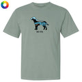 A sage green short-sleeve t-shirt with a graphic of a dog cutaway showing its internal organs, with the text 'lab life' underneath, displayed on a clean white background.