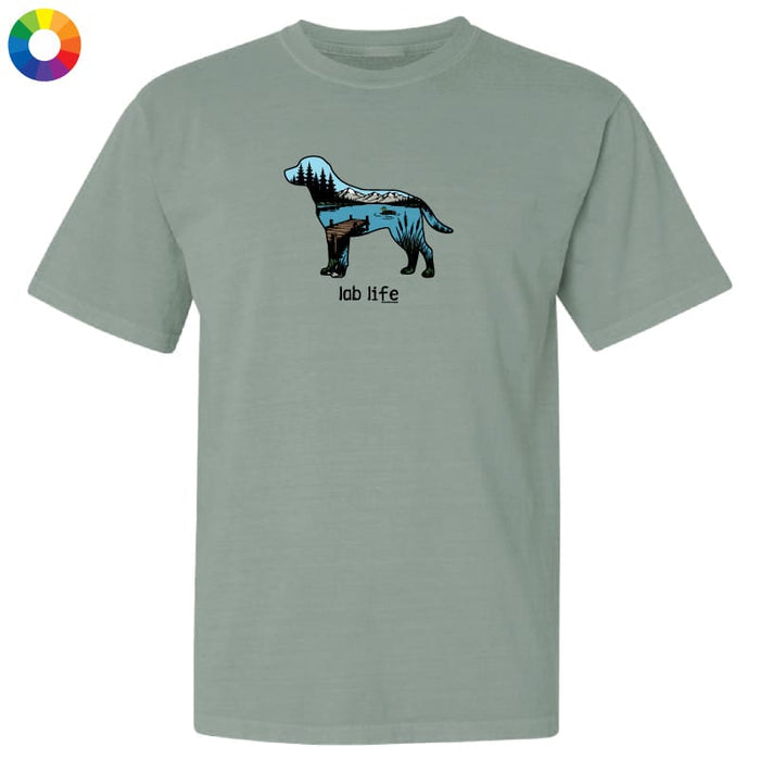 A sage green short-sleeve t-shirt with a graphic of a dog cutaway showing its internal organs, with the text 'lab life' underneath, displayed on a clean white background.