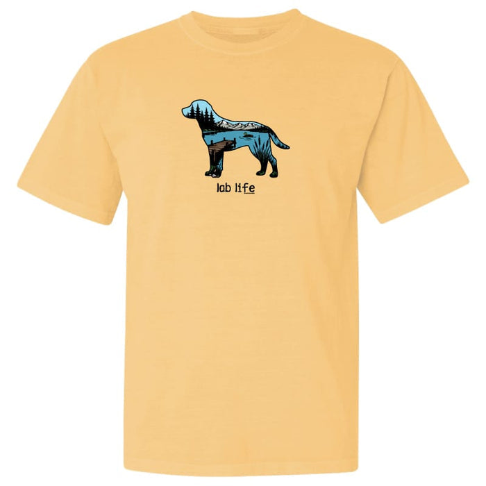 A pale yellow short-sleeve crewneck t-shirt featuring a graphic of a dog cut into blue and black anatomical sections with the text 'lab life' underneath, displayed on a solid white background.