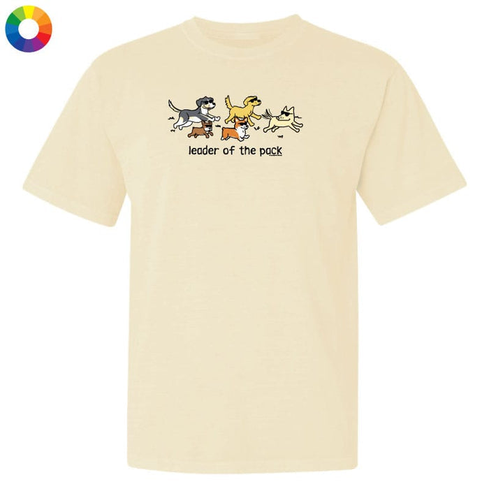 Beige t-shirt with cartoon dogs and 'leader of the pack' text on a white background