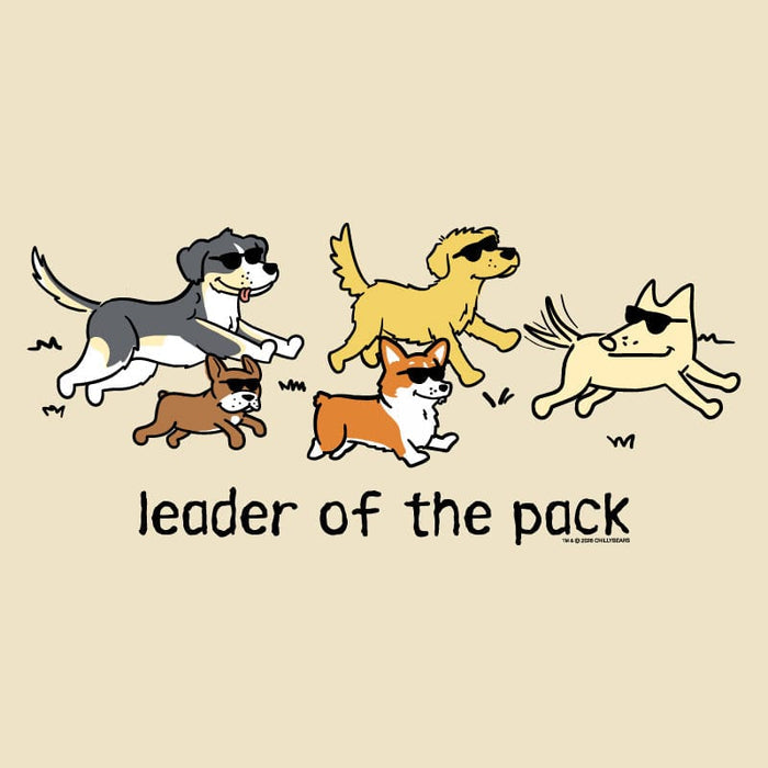 Cartoon illustration of dogs with sunglasses labeled 'leader of the pack' on a beige background
