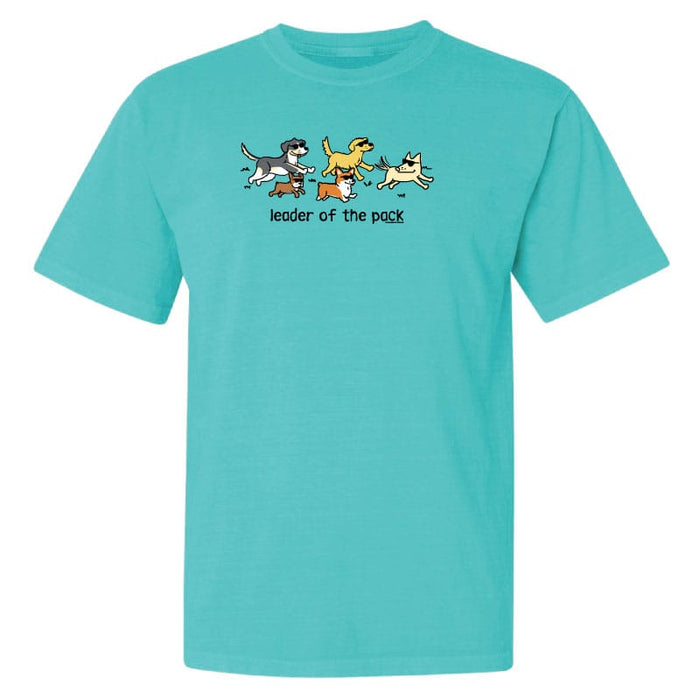 Turquoise t-shirt with cartoon dogs graphic and 'leader of the pack' text on a white background