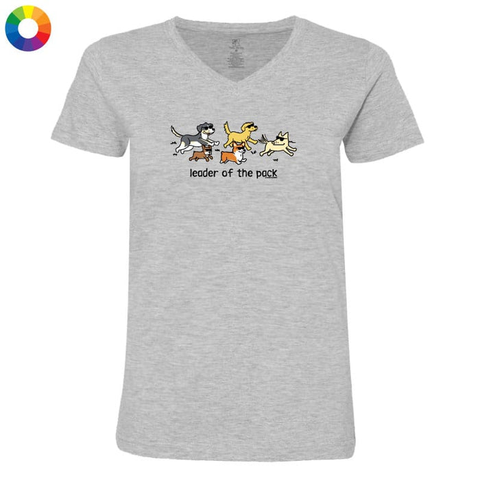 Gray t-shirt with cartoon dogs design and 'leader of the pack' text on a white background