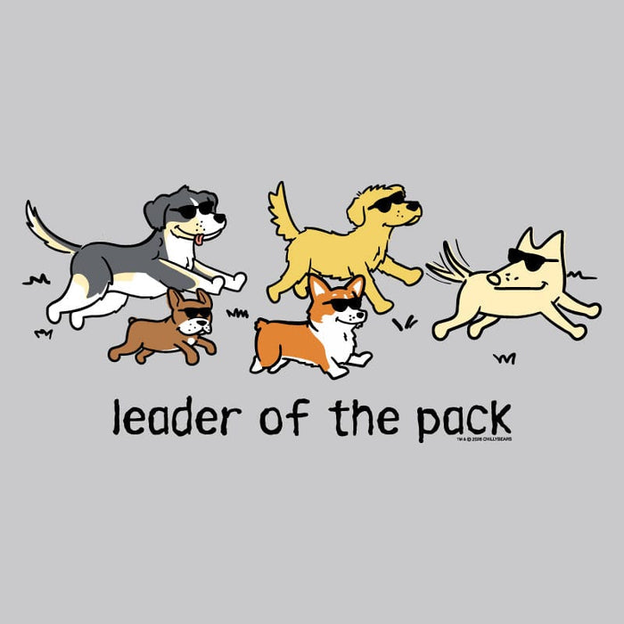 Cartoon illustration of dogs with sunglasses and text 'leader of the pack' on a gray background