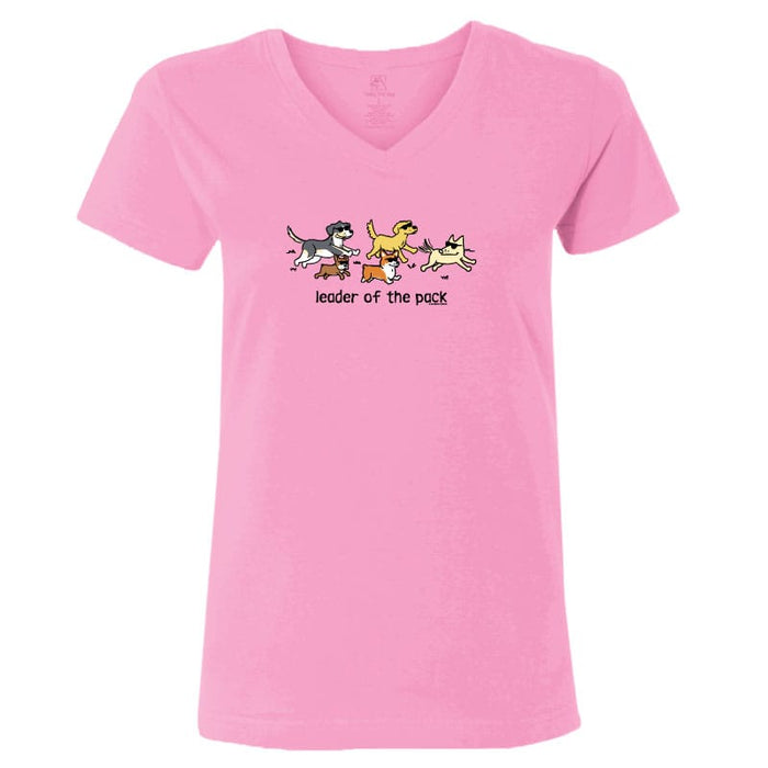 Pink t-shirt with cartoon dogs and 'leader of the pack' text on a white background