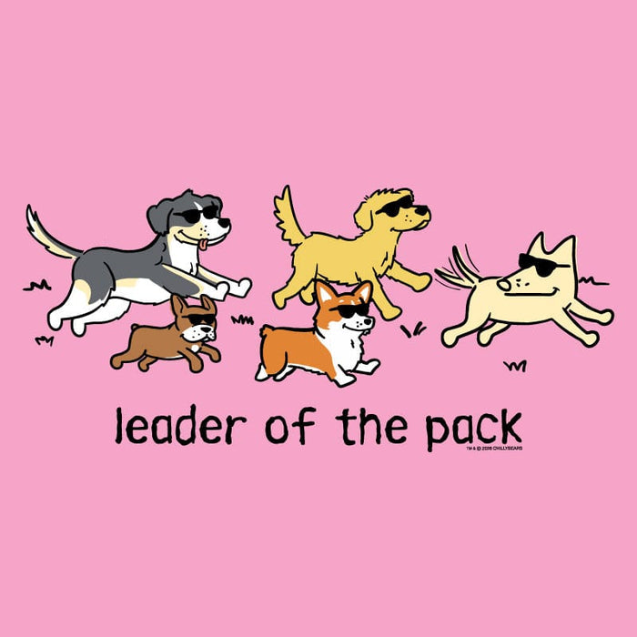 Cartoon dogs on a pink background with 'leader of the pack' text