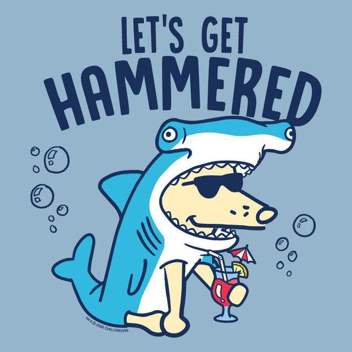 A cartoon shark wearing a dog costume and sunglasses, holding a cocktail, with the text 'LET'S GET HAMMERED' above it on a light blue background.