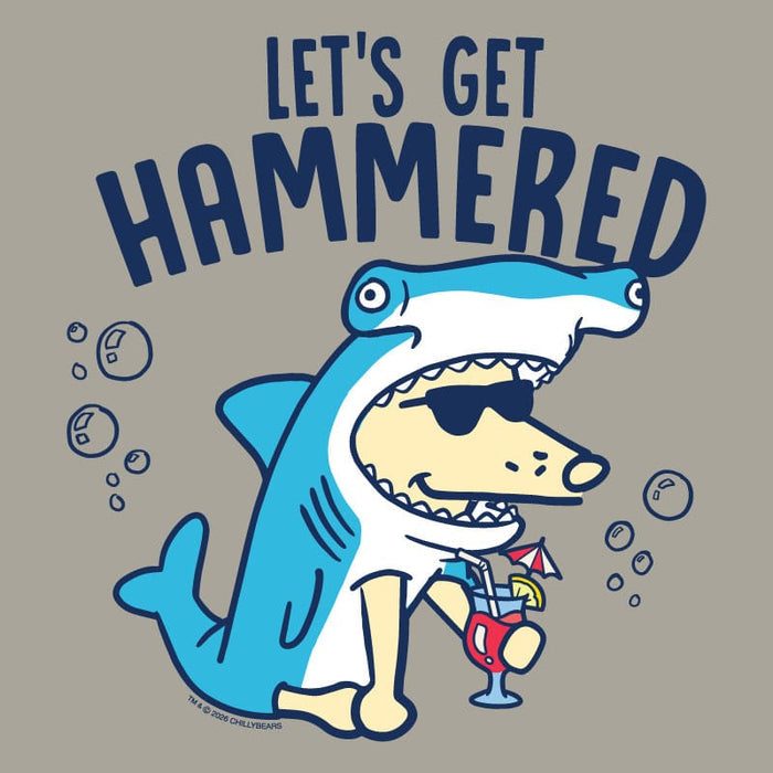 A cartoon shark wearing a dog costume and sunglasses, holding a cocktail, with the text 'LET'S GET HAMMERED' above it on a plain taupe background.