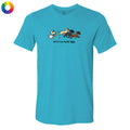 A bright turquoise blue short-sleeve t-shirt with a graphic of four dogs running and the text 'let's run some labs' printed on the chest, displayed on a clean white background.