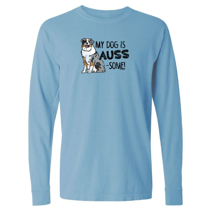 Light blue long-sleeve shirt with a dog illustration and text on a white background