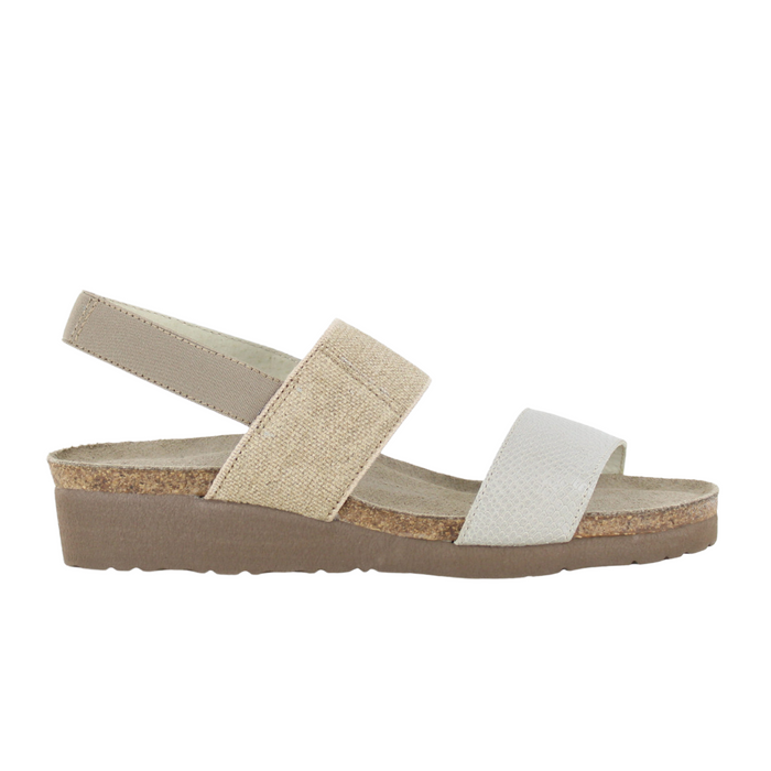 Naot Amy Wide Wedge Sandal (Women) - Beige Lizard Leather/Beige Elastic Sandal - Backstrap - The Heel Shoe Fitters