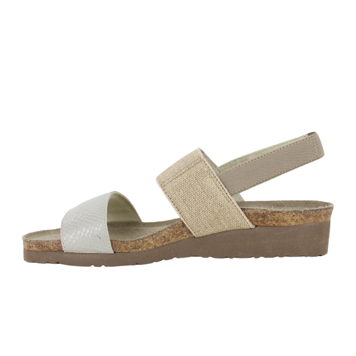 Naot Amy Wide Wedge Sandal (Women) - Beige Lizard Leather/Beige Elastic Sandal - Backstrap - The Heel Shoe Fitters