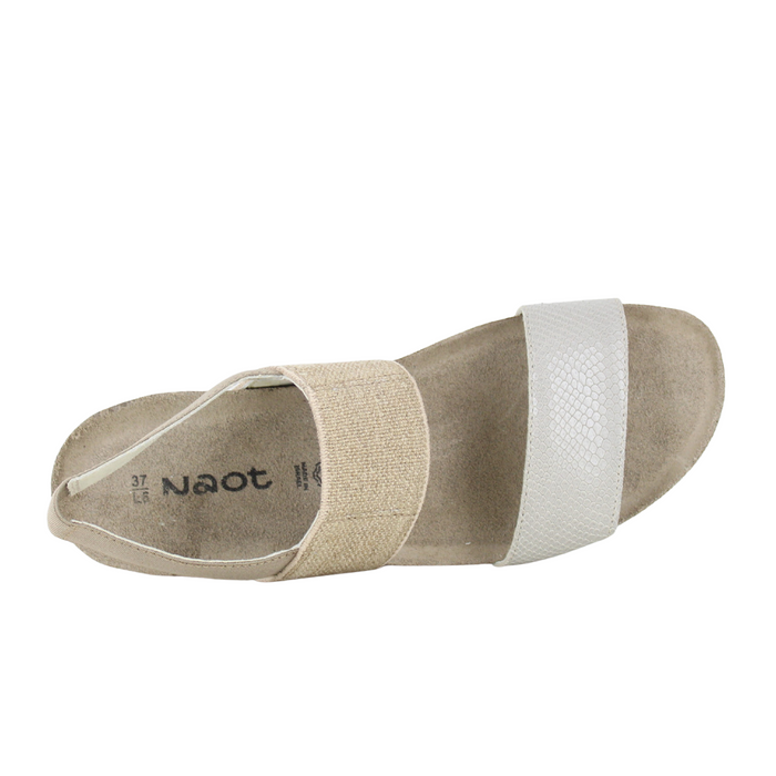 Naot Amy Wide Wedge Sandal (Women) - Beige Lizard Leather/Beige Elastic Sandal - Backstrap - The Heel Shoe Fitters