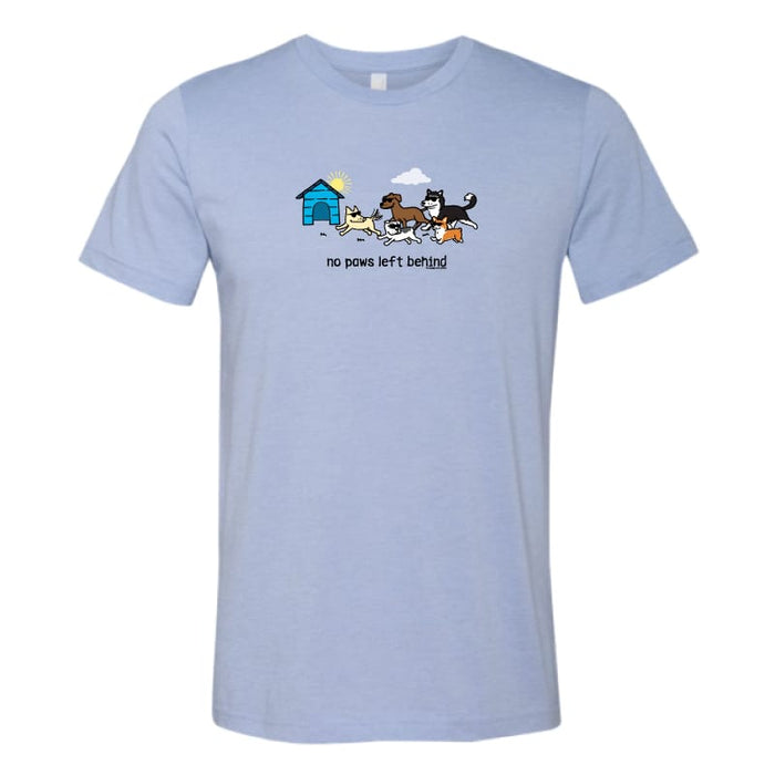 A light blue heather crewneck t-shirt featuring a cartoon graphic of dogs and a doghouse with the text 'no paws left behind' printed on the chest.