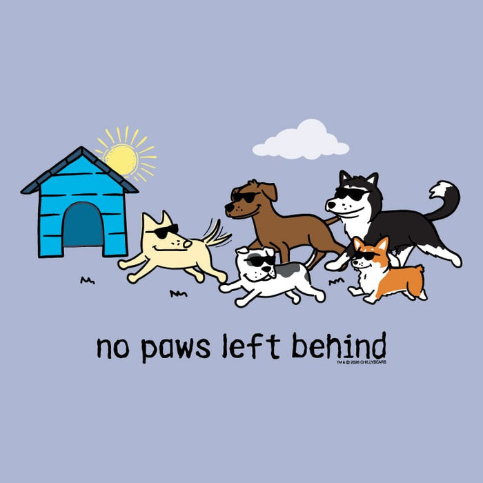 A cartoon-style graphic on a light lavender background showing several dogs running past a blue dog house with the text 'no paws left behind.' The dogs include cream, brown, black-and-white, and orange-and-white breeds, with a small website credit at the bottom right.