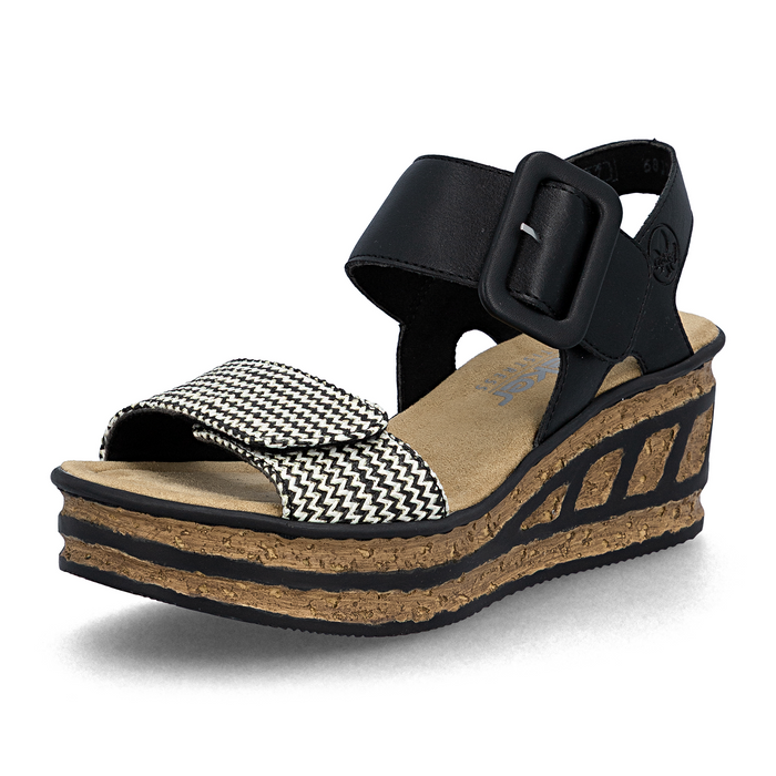 Rieker Rose 72 Wedge Sandal (Women) - Black Multi Sandal - Heel/Wedge - The Heel Shoe Fitters