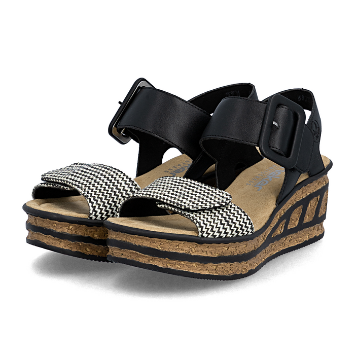 Rieker Rose 72 Wedge Sandal (Women) - Black Multi Sandal - Heel/Wedge - The Heel Shoe Fitters