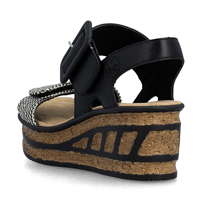 Rieker Rose 72 Wedge Sandal (Women) - Black Multi Sandal - Heel/Wedge - The Heel Shoe Fitters