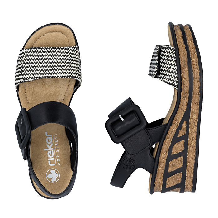 Rieker Rose 72 Wedge Sandal (Women) - Black Multi Sandal - Heel/Wedge - The Heel Shoe Fitters