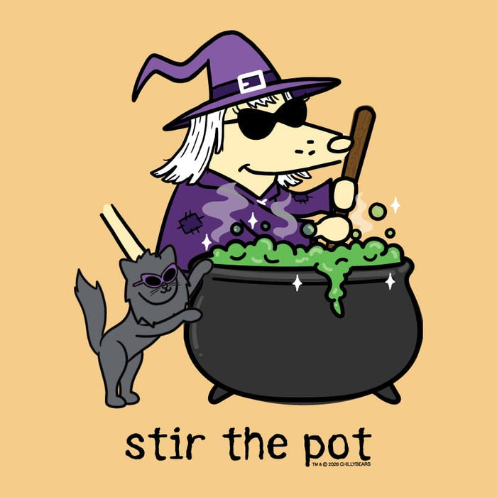 A cartoon-style Halloween graphic on a warm beige background showing a witch in a purple hat stirring a cauldron of green potion, with a gray cat beside it and the text 'stir the pot' below.