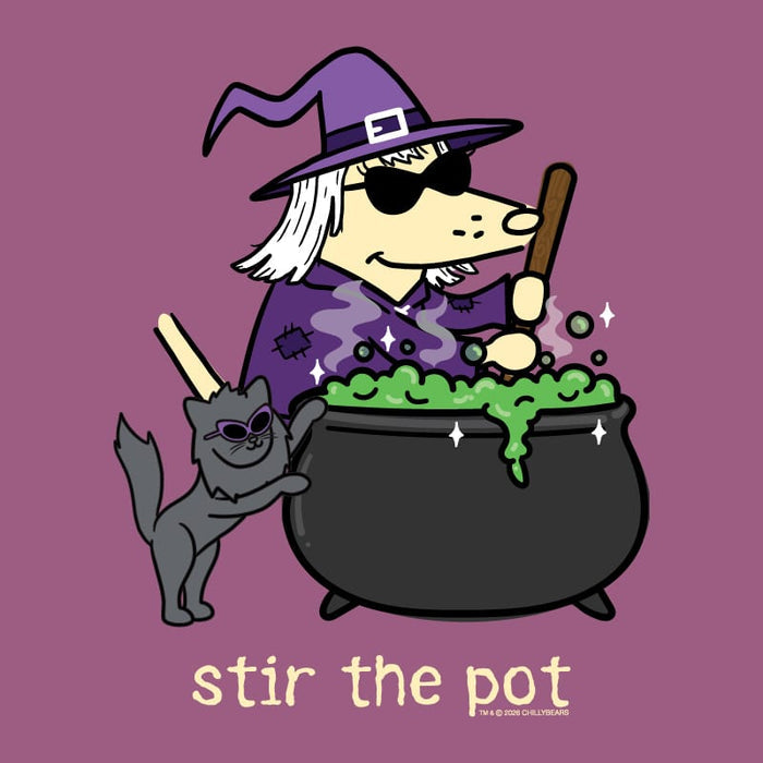A cartoon witch in a purple hat and robe stirs a black cauldron with green potion, with a gray cat beside it on a mauve background. The text 'stir the pot' appears below.