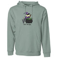 A sage green pullover hoodie with a cartoon graphic of a witch stirring a cauldron with the text 'stir the pot' printed on the chest.