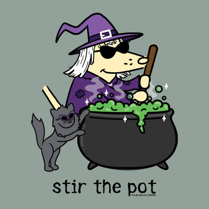 A cartoon witch in a purple hat and robe stirs a black cauldron with green potion, with a gray cat beside it. The text 'stir the pot' appears below on a muted gray-green background.