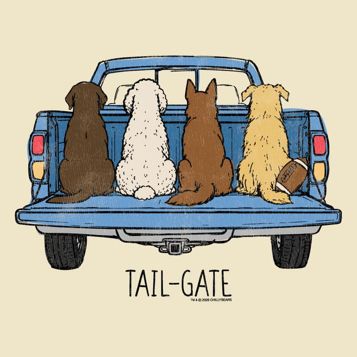 Illustrated graphic of four dogs sitting in the back of a blue pickup truck viewed from behind, with the text 'TAIL-GATE' below. The dogs are shown from the back against a light cream background.