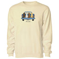 A cream-colored crewneck sweatshirt featuring a graphic of various dogs sitting in the back of a blue pickup truck with the text 'TAIL-GATE' printed below.