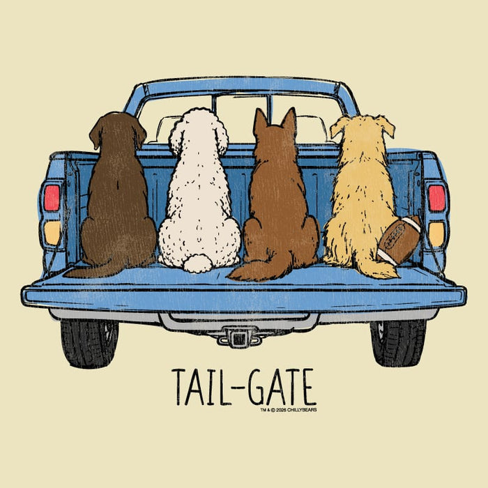 Illustrated graphic of four dogs sitting in the back of a blue pickup truck viewed from behind, with the text 'TAIL-GATE' below. The dogs are shown from the back against a light cream background.