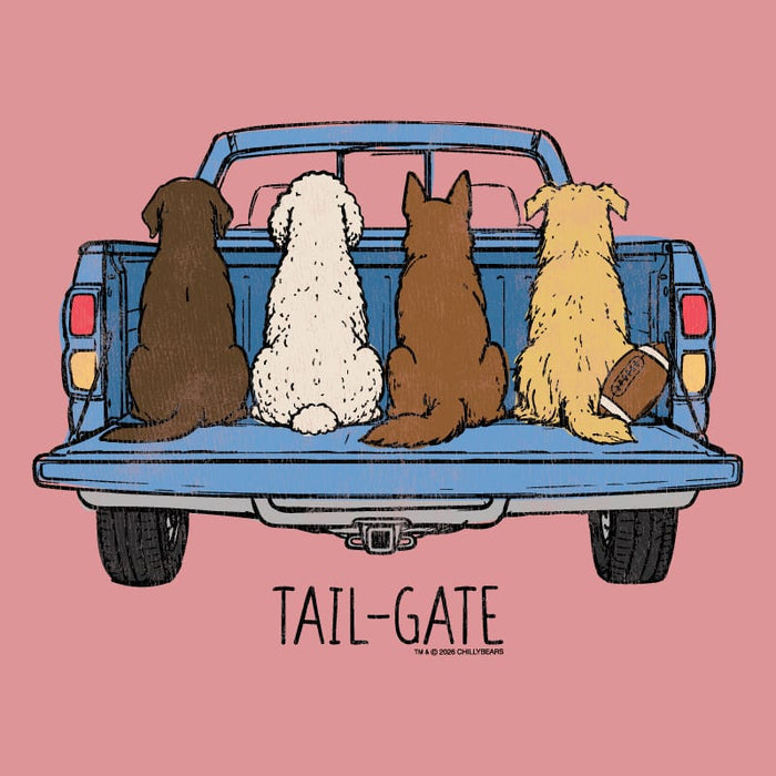Illustrated graphic print featuring four dogs sitting in the tailgate of a blue pickup truck, with the text 'TAIL-GATE' below. The artwork is presented on a solid pink background.
