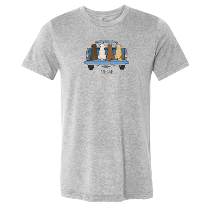 A heather gray short-sleeve crewneck t-shirt featuring a cartoon graphic of a yellow cat sitting under a green tree with the text 'read relax repeat.' printed below it.