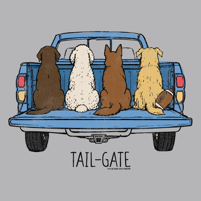 A stylized illustration of four dogs sitting in the bed of a blue pickup truck, viewed from behind. The tailgate has the words 'TAIL-GATE' printed below it.