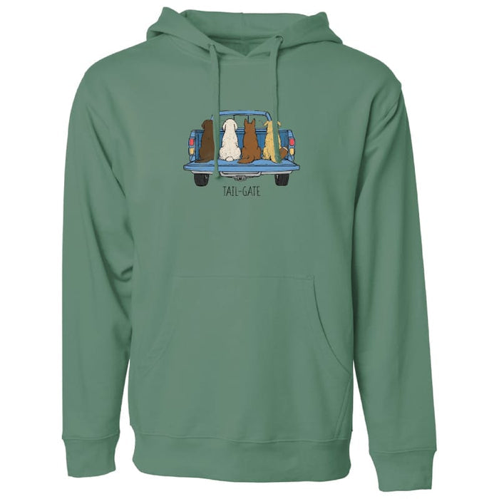A sage green pullover hoodie with a graphic of dogs sitting in the back of a blue pickup truck, with the text 'TAIL-GATE' printed below the truck, shown on a plain white background.