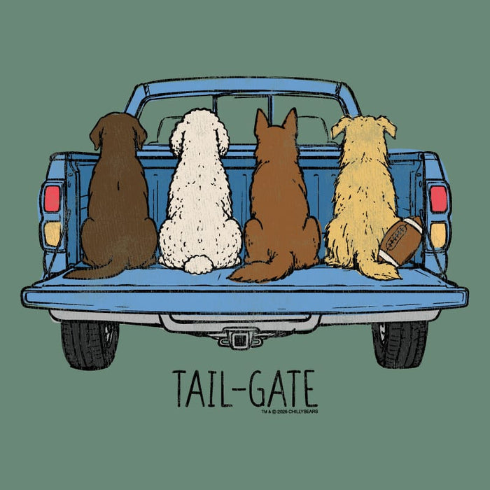 A graphic illustration of four dogs sitting in the tailgate of a blue pickup truck, viewed from behind. The dogs are brown, white, dark brown, and yellow, with a football resting near the rightmost dog.