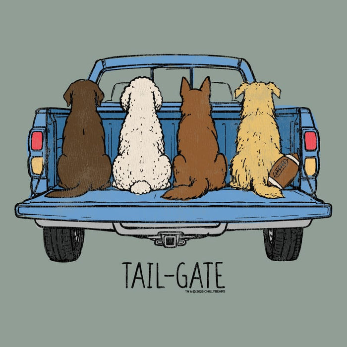 A graphic illustration of four dogs sitting in the tailgate of a blue pickup truck, viewed from behind. The dogs are brown, white, tan, and golden, with a football in the rear wheel well.