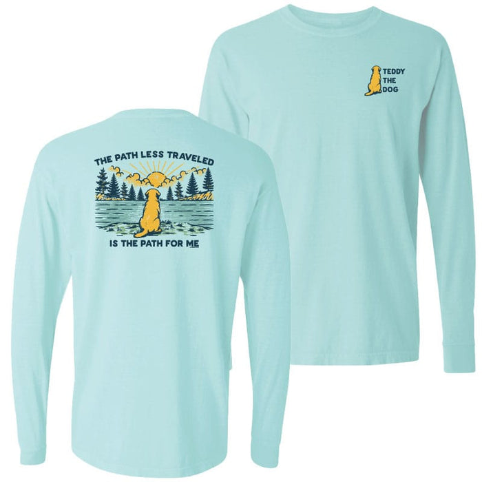 Light blue long-sleeve shirt with a graphic design of a dog and text on a white background