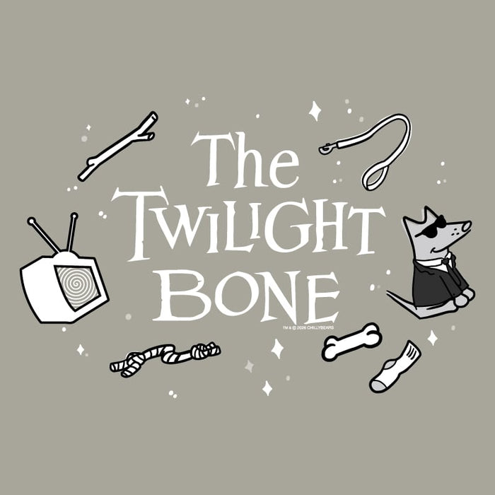 A graphic print featuring the title 'The Twilight Bone' in large white serif letters, surrounded by hand-drawn black and white illustrations including a television, bone, leash, stick, ribbon, and a dog in a suit. The background is a solid warm gray.