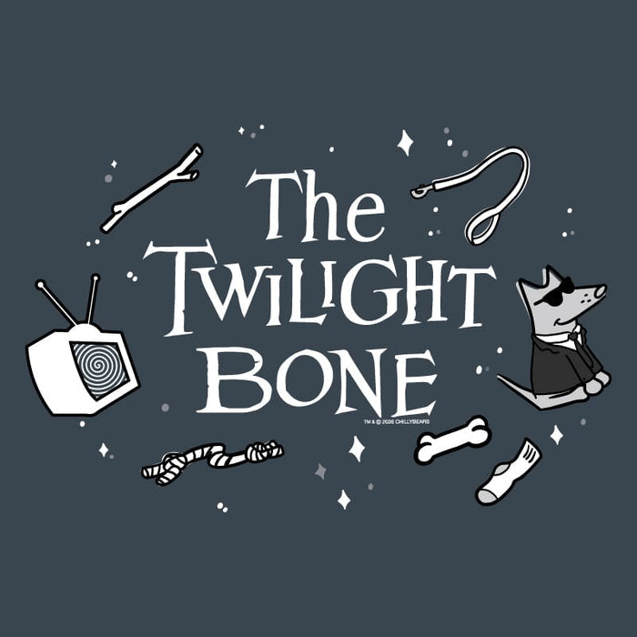 A dark slate blue graphic print featuring white text that reads 'The TWILIGHT BONE' surrounded by hand-drawn cartoon illustrations including a dog in a suit, a TV, a bone, a sock, and small stars.