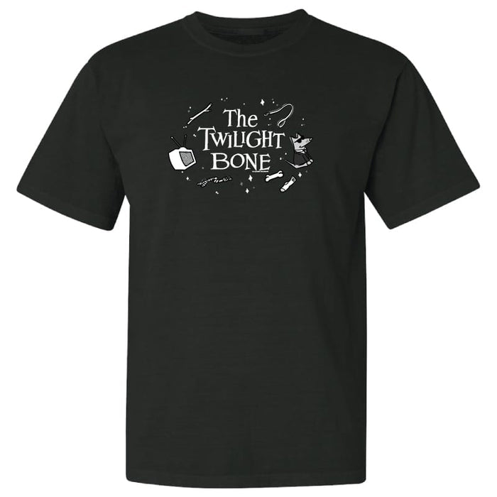 A black short-sleeve crewneck t-shirt featuring a white distressed graphic on the chest that reads 'The Twilight Bone' with small illustrations of a mug and bones.