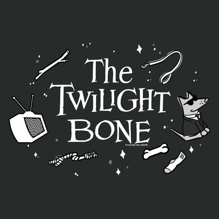 A black graphic print featuring the text 'The Twilight Bone' in a stylized white font, surrounded by whimsical white illustrations including a television, a dog in a suit, bones, and stars. Small text at the bottom reads 'TBA © ROCHAS GALLERY/COM'.