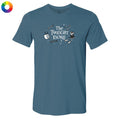 A slate blue short-sleeve t-shirt with a 'The Twilight Zone' graphic on the chest, displayed on a clean white background with a small color wheel icon in the top-left corner.