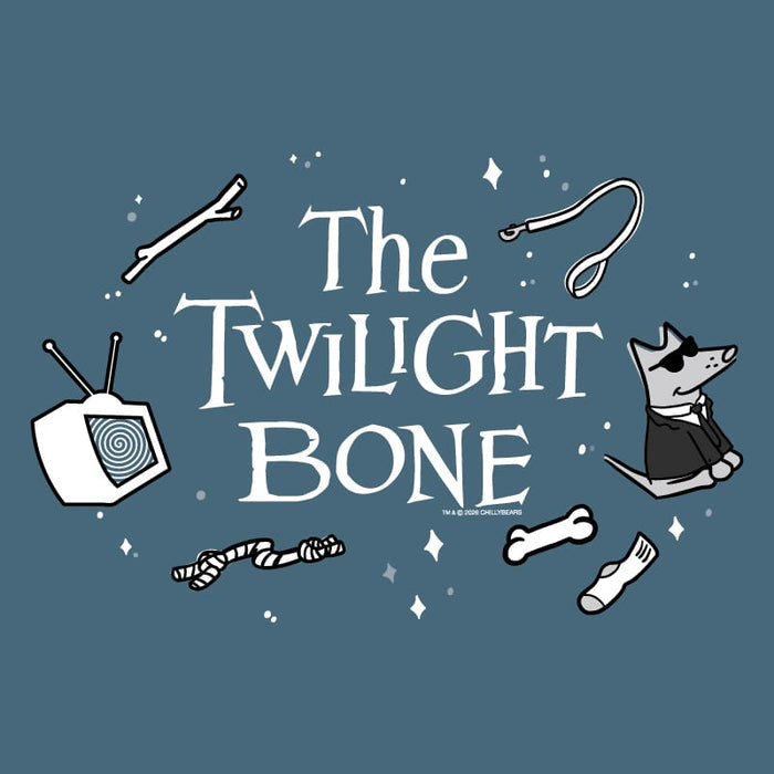 A graphic design featuring the title 'The Twilight Bone' in large white serif lettering, surrounded by hand-drawn illustrations including a dog in a suit, a bone, a TV, a stick, and small stars on a muted blue background.