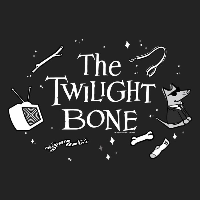 A black graphic print featuring the text 'The Twilight Bone' in a stylized white font, surrounded by white illustrations including a television, a dog wearing sunglasses, bones, and small stars. Small text at the bottom reads 'TBA © ROCHAS COLLECTIONS, Inc.