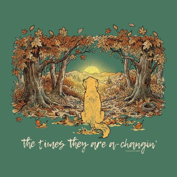 A square graphic print featuring an autumn forest scene with a golden retriever sitting in the foreground, surrounded by orange and brown leaves, trees, and hills under a yellow sun. Below the illustration, the phrase 'the times they are a-changin'' is written in white script.